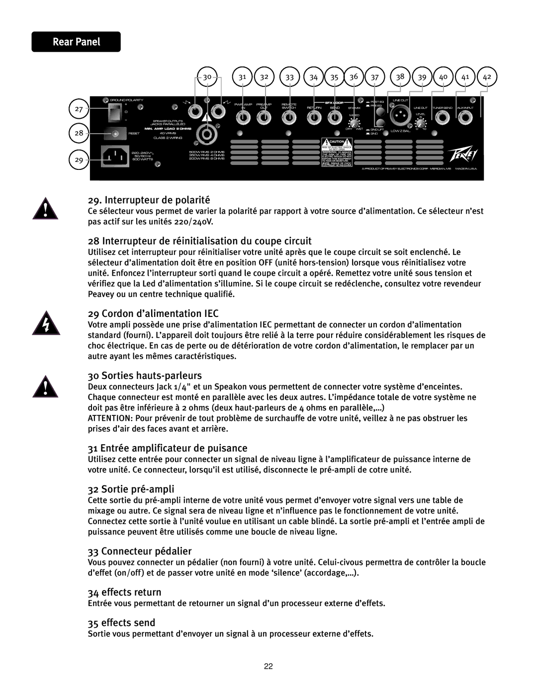 Peavey 500 Interrupteur de polarité, Interrupteur de réinitialisation du coupe circuit, Cordon d’alimentation IEC 