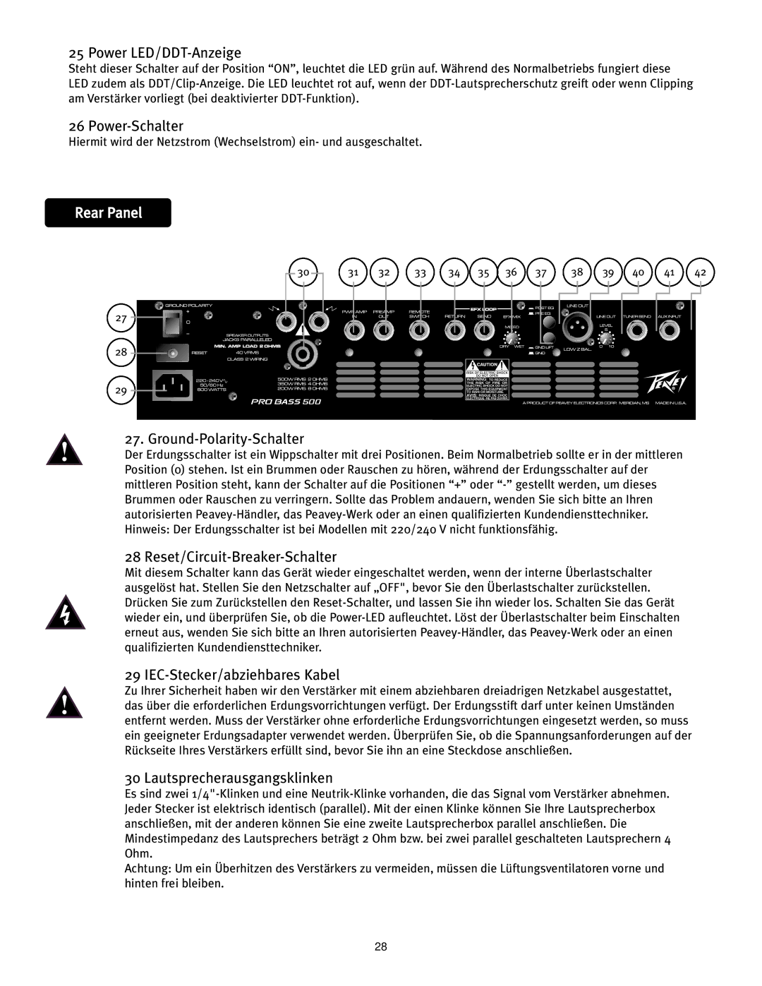 Peavey 500 operation manual Power LED/DDT-Anzeige, Power-Schalter, Ground-Polarity-Schalter, Reset/Circuit-Breaker-Schalter 