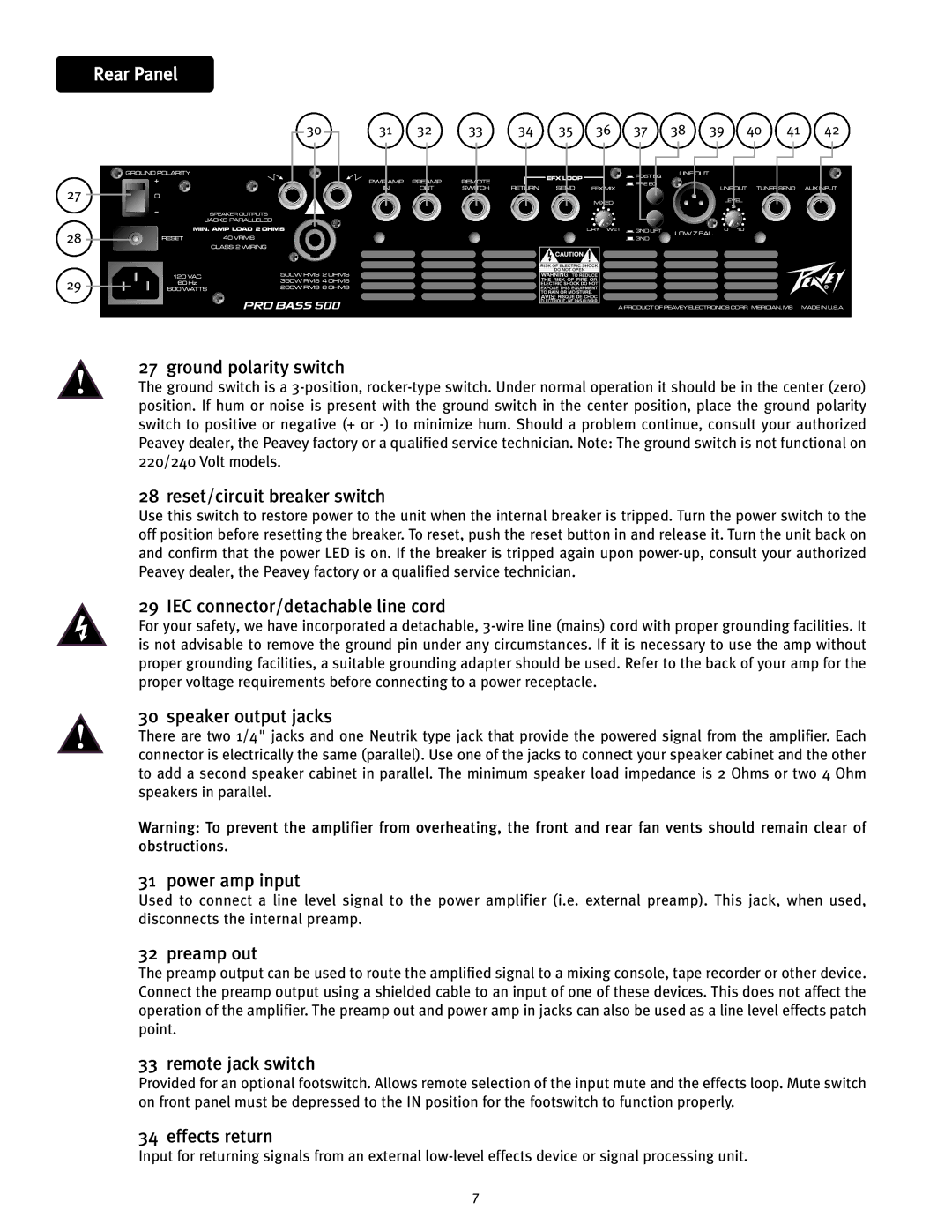 Peavey 500 Ground polarity switch, Reset/circuit breaker switch, IEC connector/detachable line cord, Speaker output jacks 