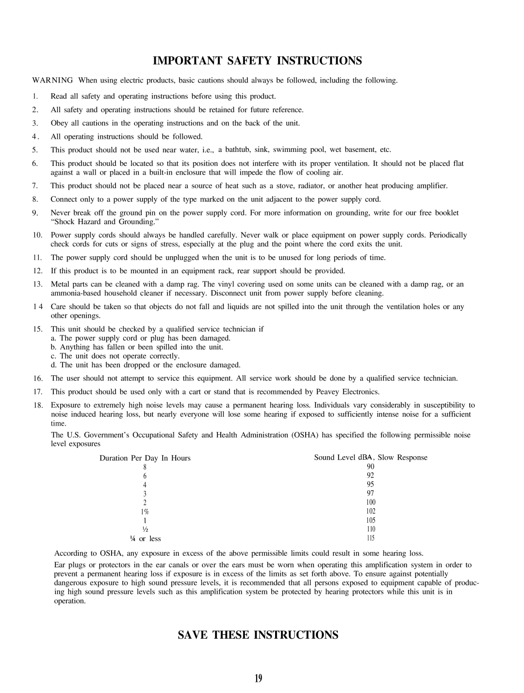 Peavey 50/50 manual Important Safety Instructions 