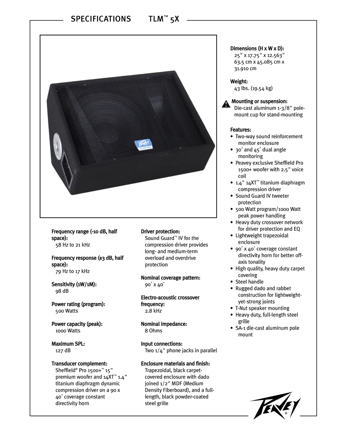 Peavey 5X specifications Specifications TLM 