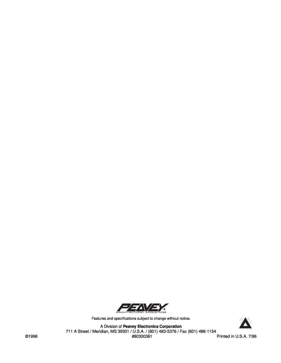 Peavey 646-049 manual A Division of Peavey Electronics Corporation, #80300361, 1996, Architectural Acoustics 