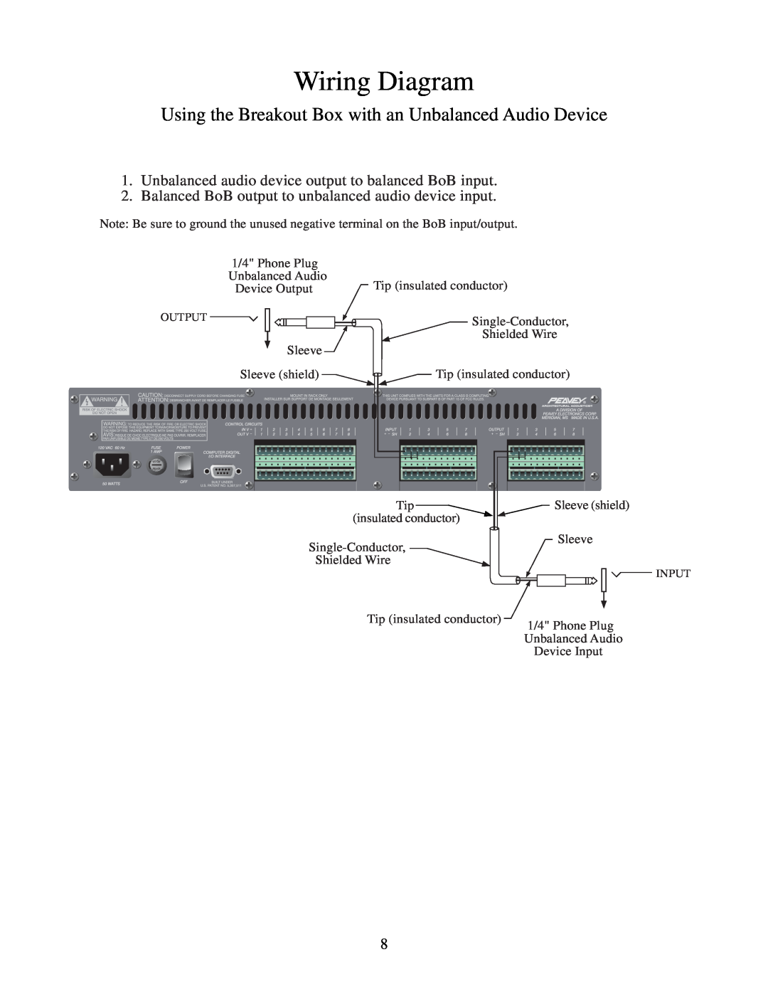 Peavey 646-049 manual Wiring Diagram, Unbalanced audio device output to balanced BoB input 