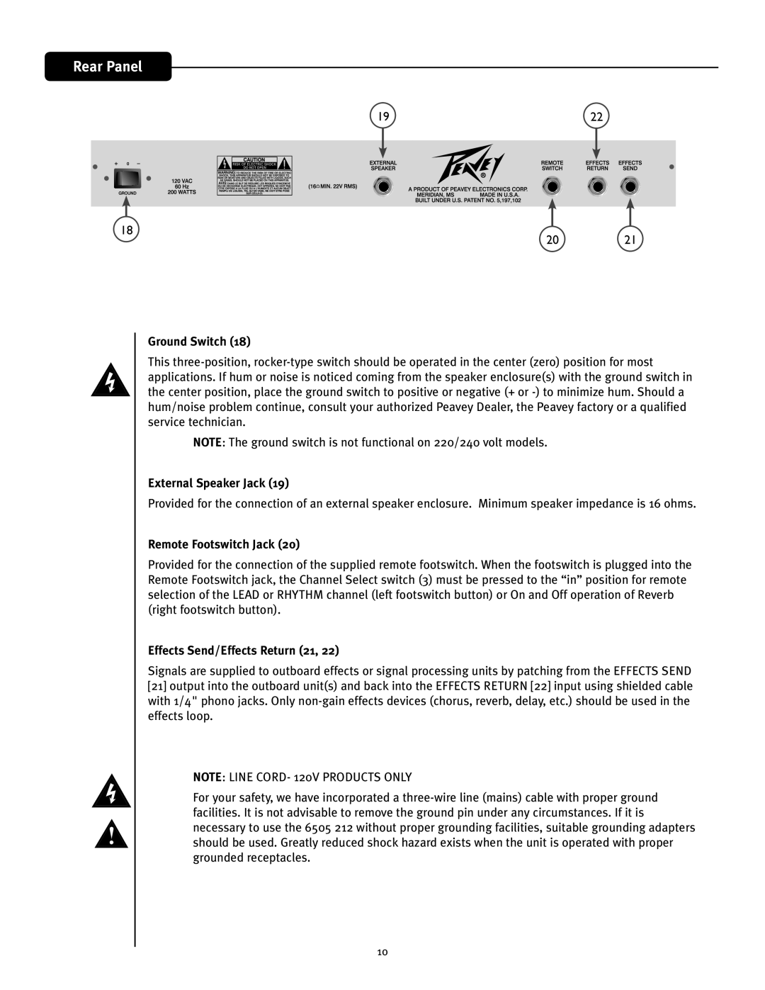 Peavey 6505 212 Combo Ground Switch, External Speaker Jack, Remote Footswitch Jack, Effects Send/Effects Return 21 