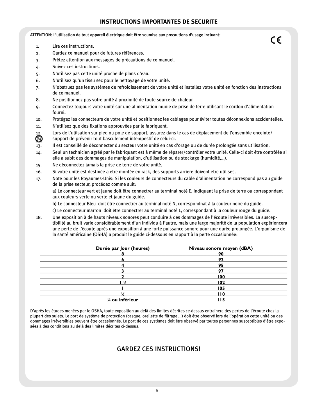 Peavey 6505 212 Combo owner manual Instructions Importantes DE Securite, ⁄ 4 ou inférieur 