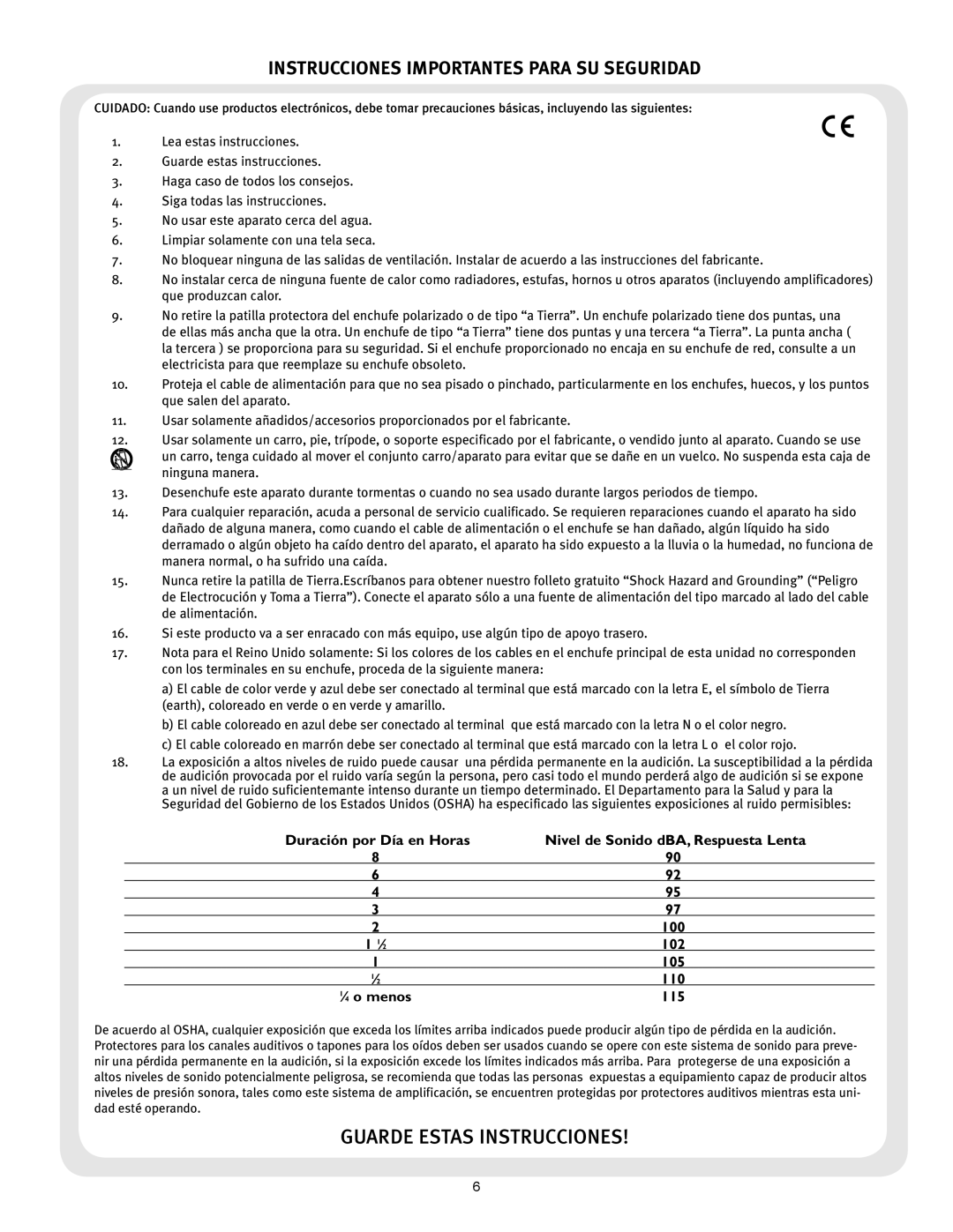 Peavey 6505 212 Combo owner manual Instrucciones Importantes Para SU Seguridad 