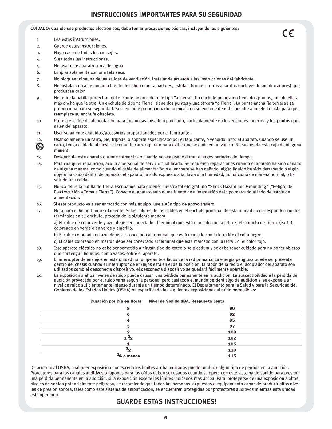 Peavey 6505+ manual Instrucciones Importantes Para SU Seguridad 