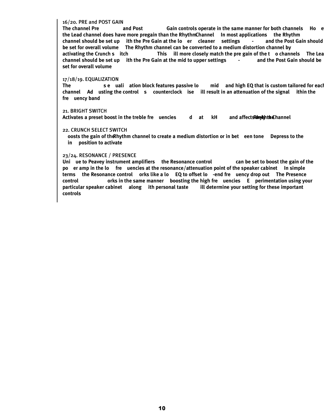 Peavey 6505TM+ operation manual 17/18/19. Equalization, Bright Switch, Crunch Select Switch, 23/24. Resonance / Presence 
