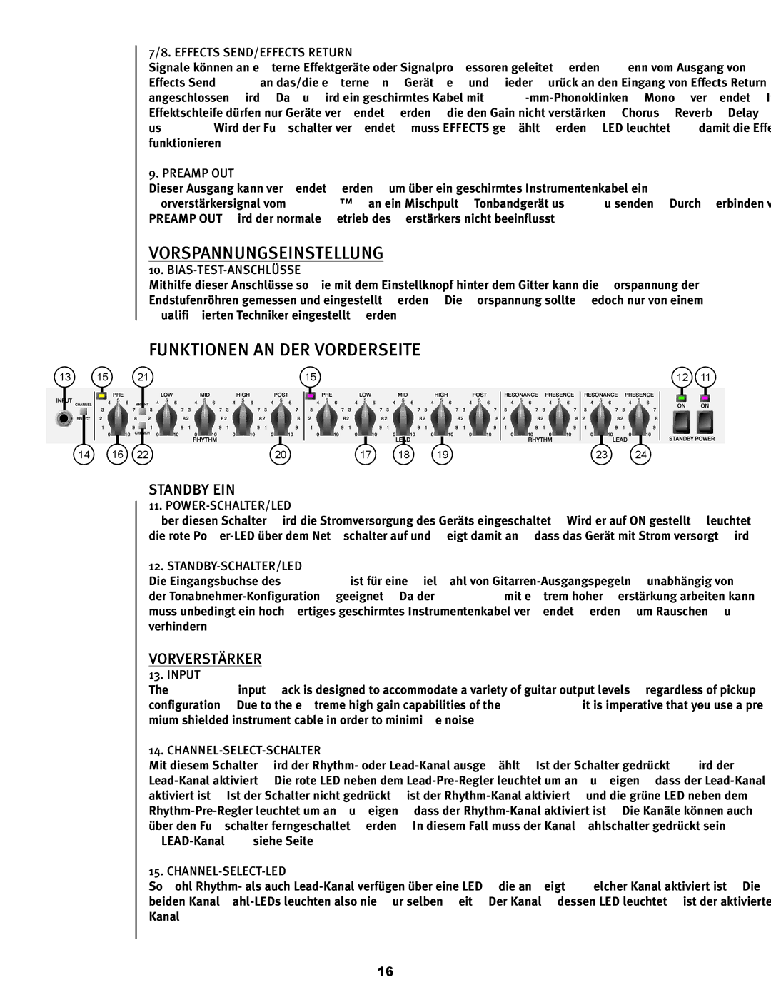 Peavey 6505TM+ operation manual Vorspannungseinstellung, Funktionen AN DER Vorderseite 