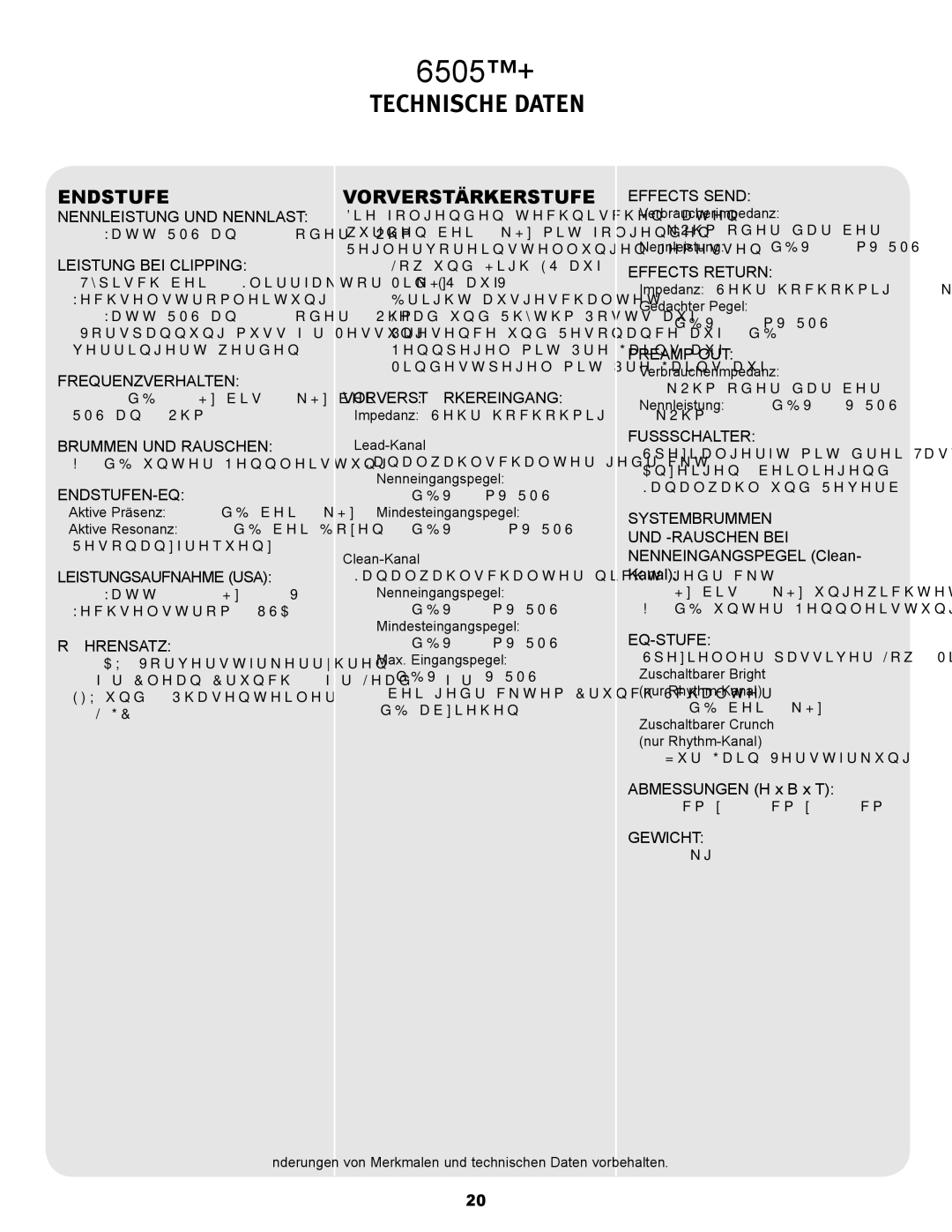 Peavey 6505TM+ operation manual Technische Daten, Endstufe, Vorverstärkerstufe 