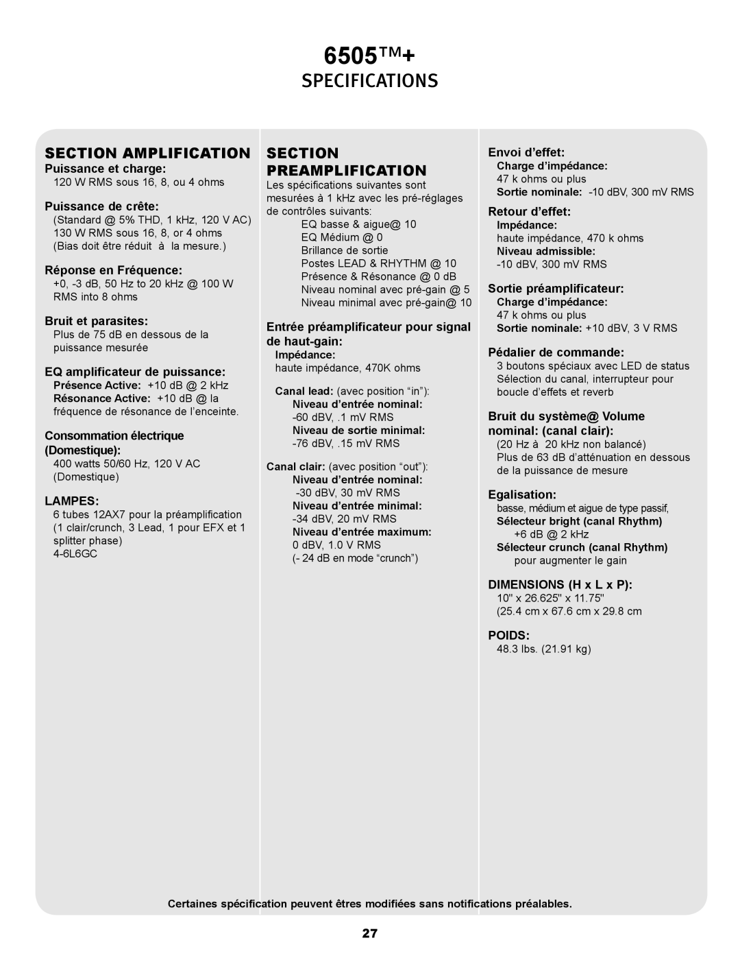 Peavey 6505TM+ operation manual Section Amplification, Section Preamplification, Lampes, Poids 