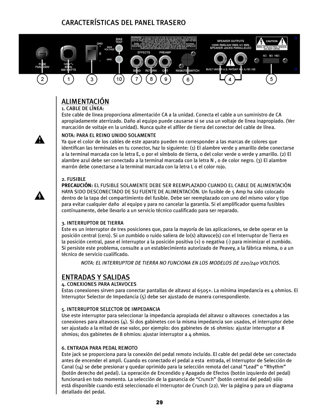 Peavey 6505TM+ operation manual Características DEL Panel Trasero Alimentación, Entradas Y Salidas 