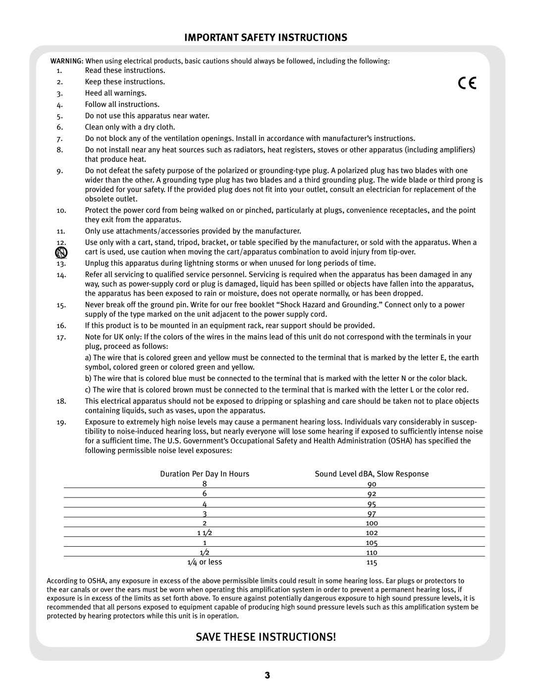 Peavey 6505TM+ operation manual Important Safety Instructions, Sound Level dBA, Slow Response 