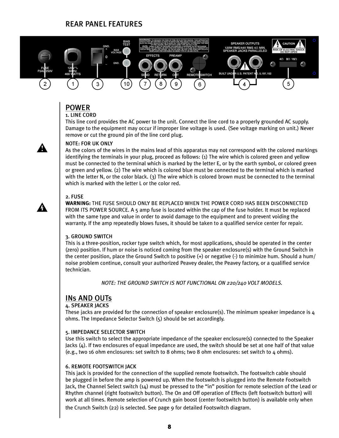 Peavey 6505TM+ operation manual Rear Panel Features Power 