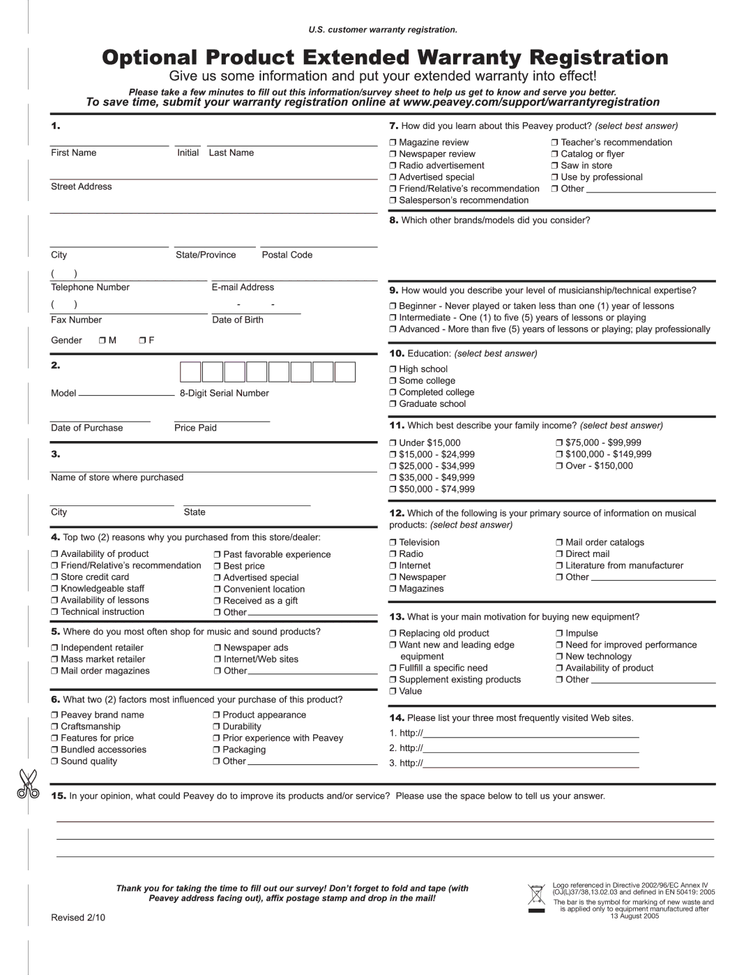 Peavey 6534 manual Customer warranty registration 