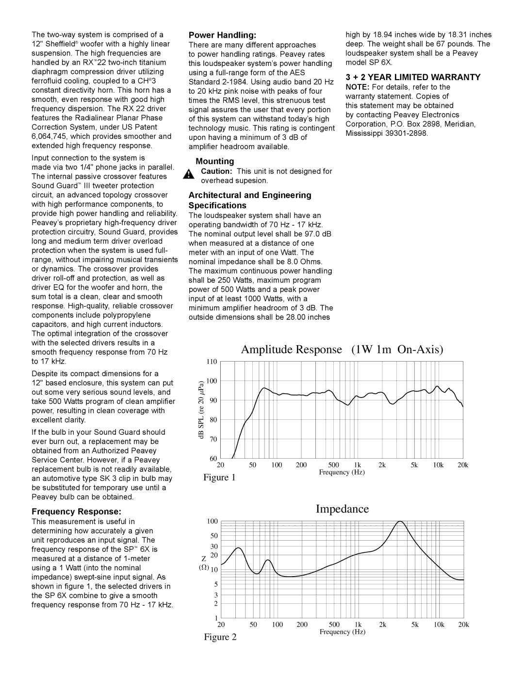 Peavey 6X specifications Frequency Response, Mounting Architectural and Engineering Specifications 