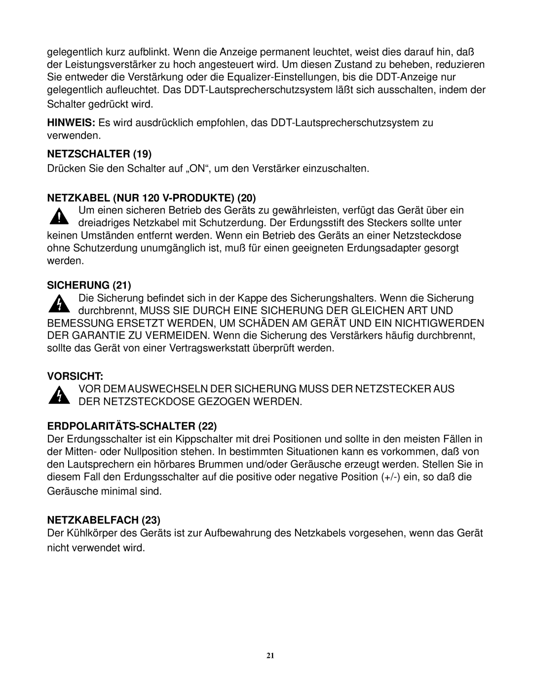 Peavey 7/9780300698 Netzschalter, Netzkabel NUR 120 V-PRODUKTE, Sicherung, Vorsicht, Erdpolaritäts-Schalter, Netzkabelfach 