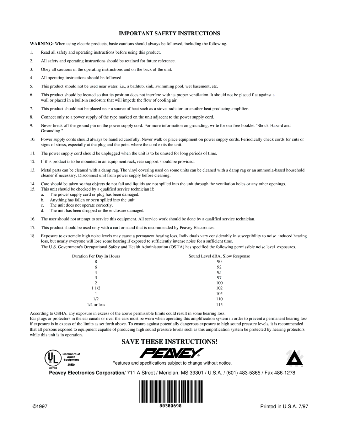 Peavey 7/9780300698 manual Important Safety Instructions 