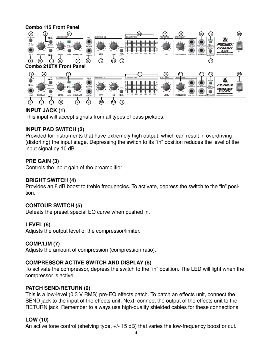 Peavey 7/9780300698 manual Input Jack, Input PAD Switch, PRE Gain, Bright Switch, Contour Switch, Level, Comp/Lim 