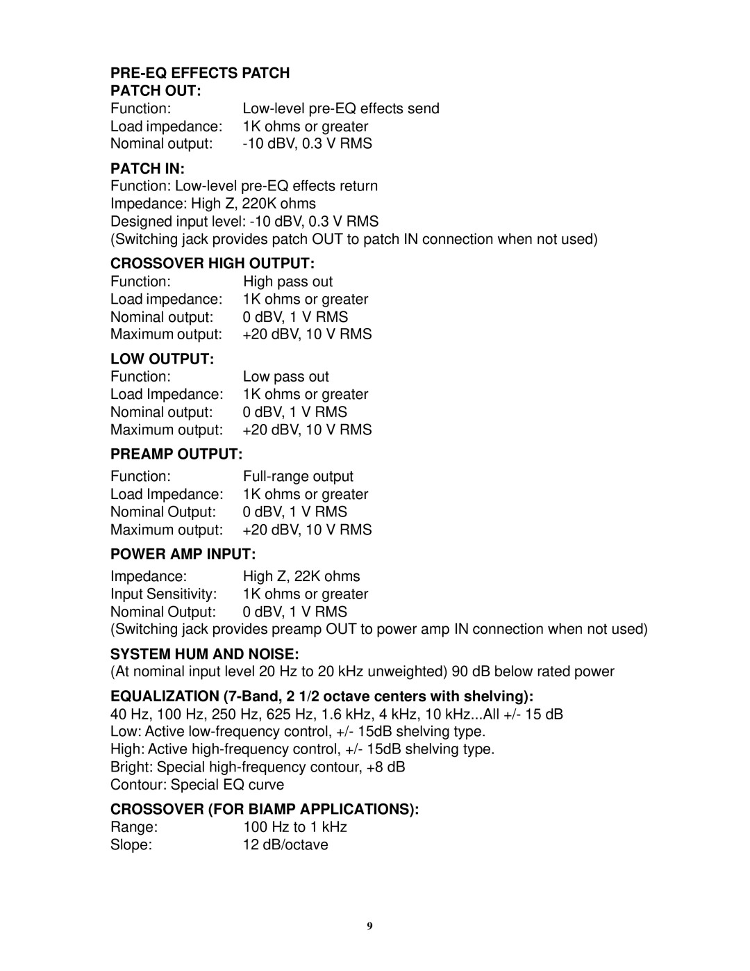 Peavey 7/9780300698 manual PRE-EQ Effects Patch Patch OUT, Crossover High Output, LOW Output, Power AMP Input 