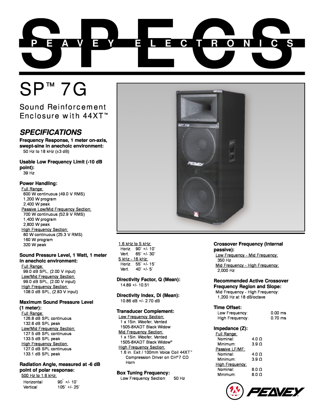 Peavey specifications SP 7G, Specifications, Sound Reinforcement Enclosure with 44XT 