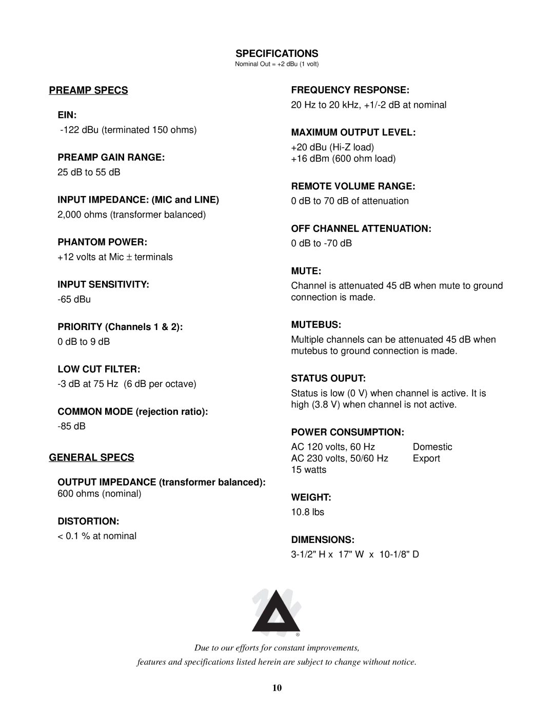 Peavey 80304050 manual Specifications, Preamp Specs, General Specs 