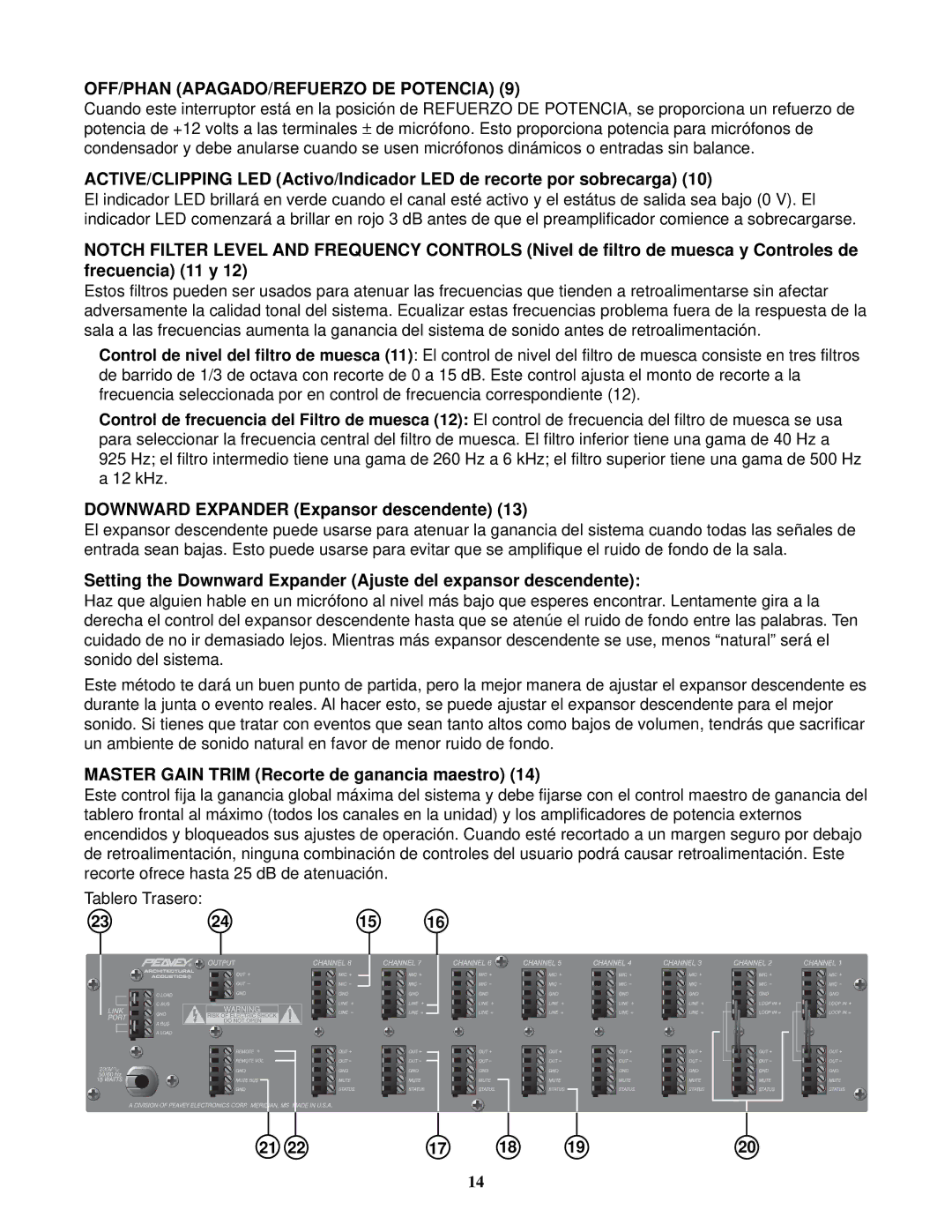Peavey 80304050 manual OFF/PHAN APAGADO/REFUERZO DE Potencia, Downward Expander Expansor descendente 