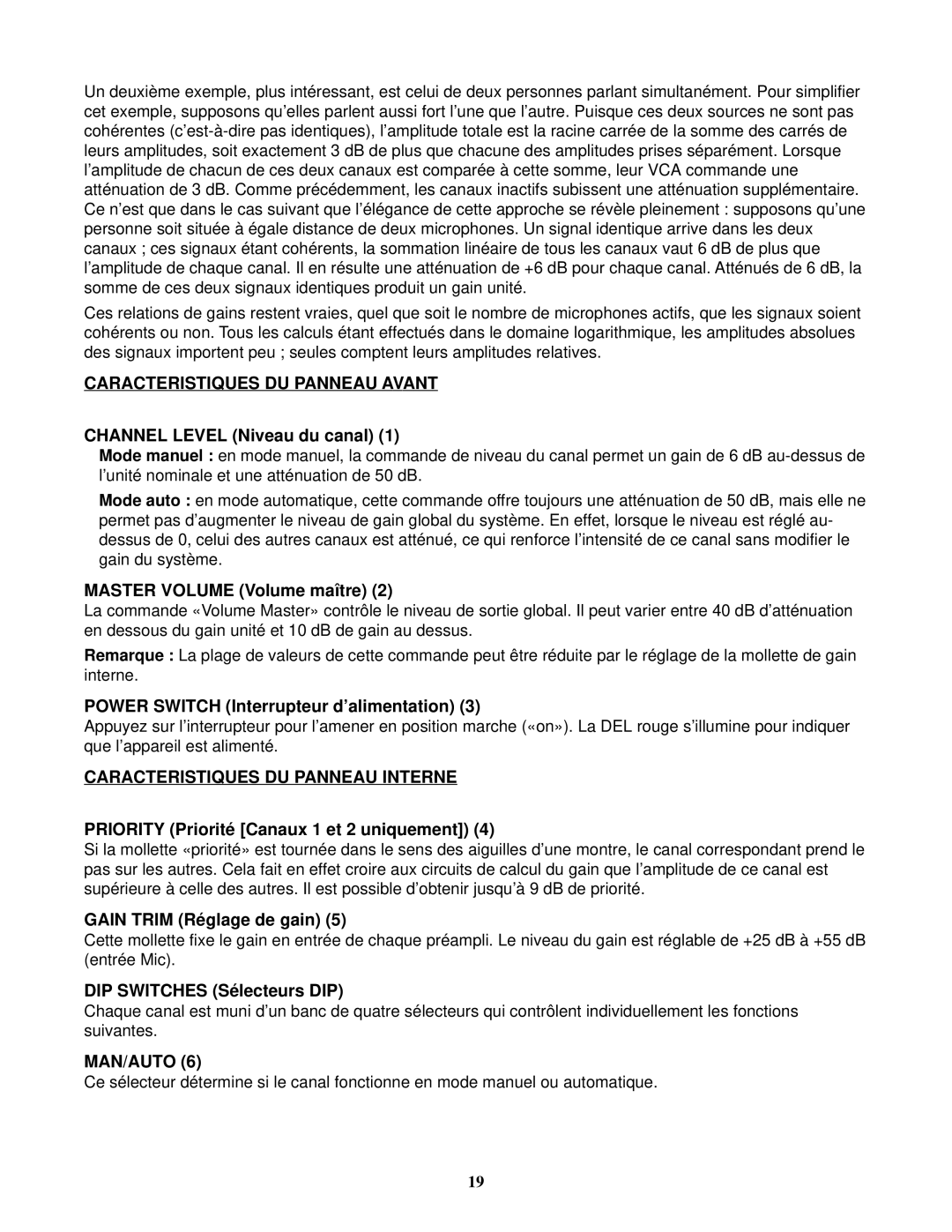 Peavey 80304050 manual Caracteristiques DU Panneau Avant, Caracteristiques DU Panneau Interne 