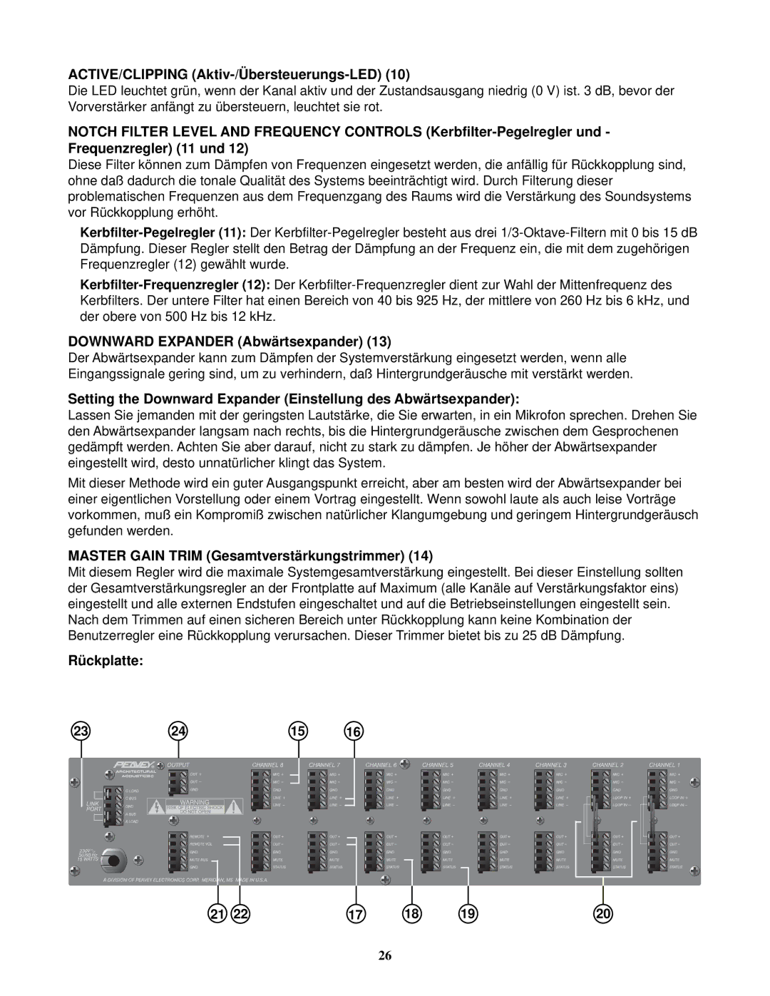 Peavey 80304050 manual ACTIVE/CLIPPING Aktiv-/Übersteuerungs-LED, Downward Expander Abwärtsexpander, Rückplatte 