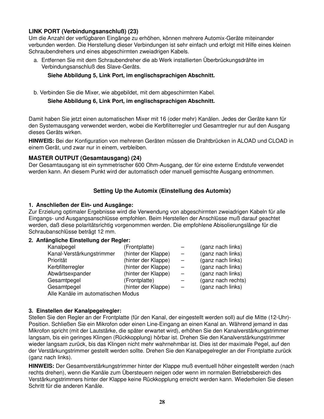 Peavey 80304050 Link Port Verbindungsanschluß, Master Output Gesamtausgang, Setting Up the Automix Einstellung des Automix 