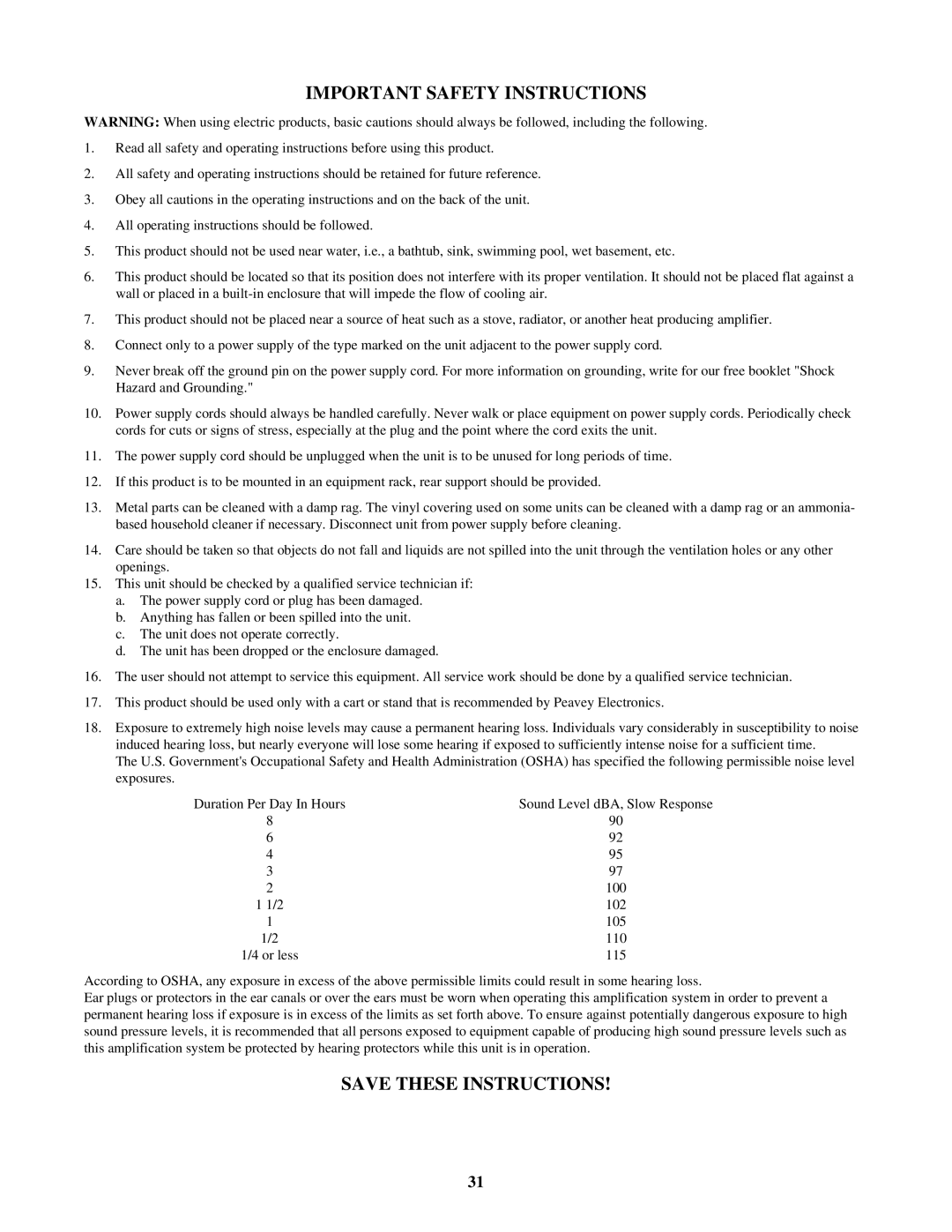 Peavey 80304050 manual Important Safety Instructions 