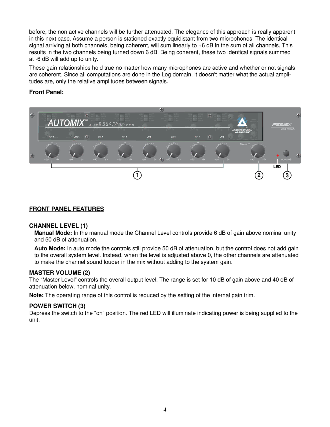 Peavey 80304050 manual Front Panel Features Channel Level, Master Volume, Power Switch 