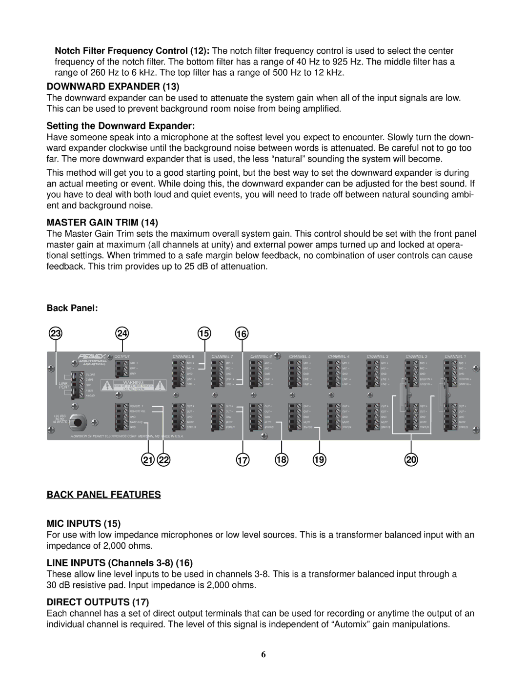Peavey 80304050 manual Downward Expander, Master Gain Trim, Back Panel Features MIC Inputs, Direct Outputs 