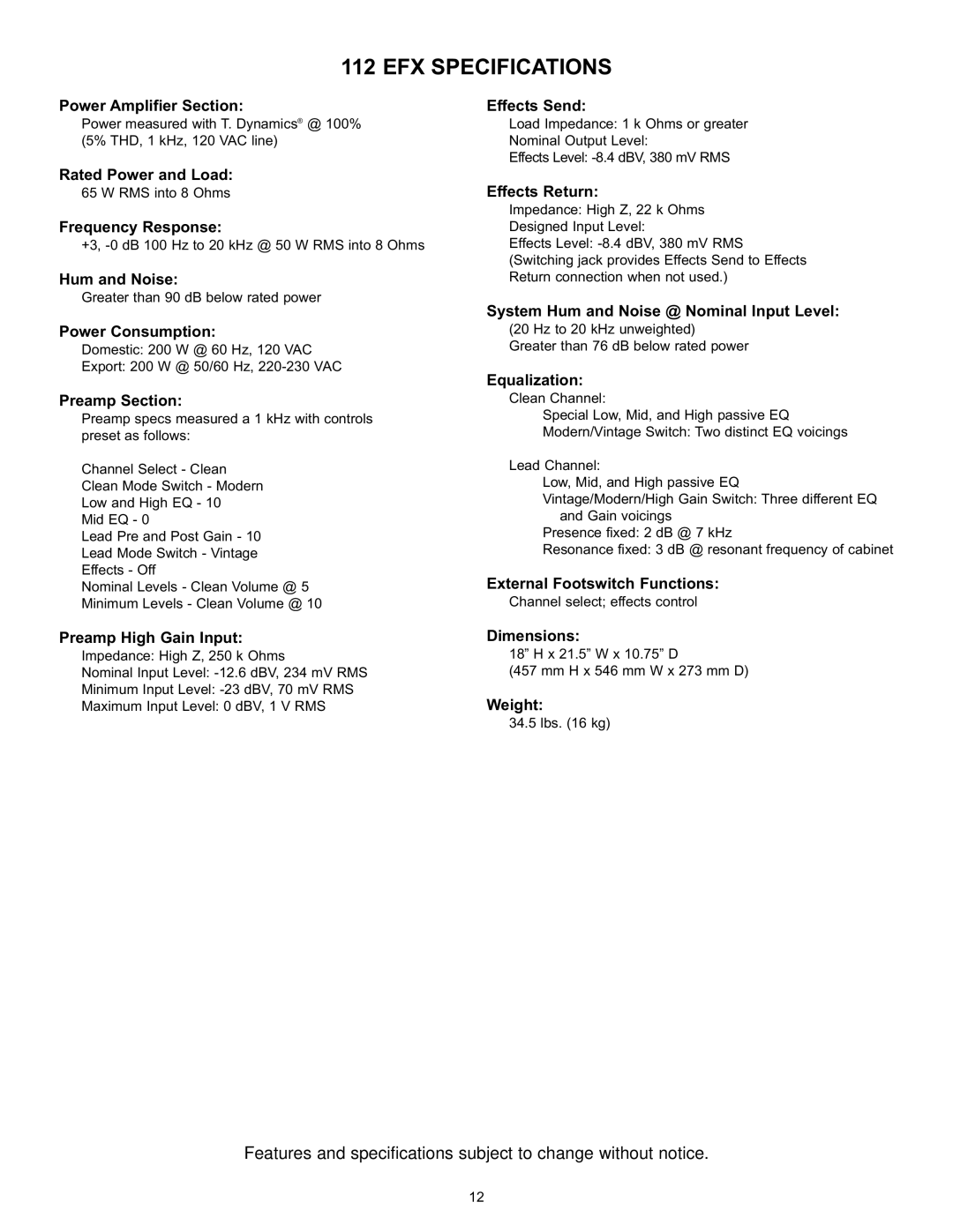 Peavey 9/0180305014, 112/212 EFX operation manual EFX Specifications, Preamp Section 