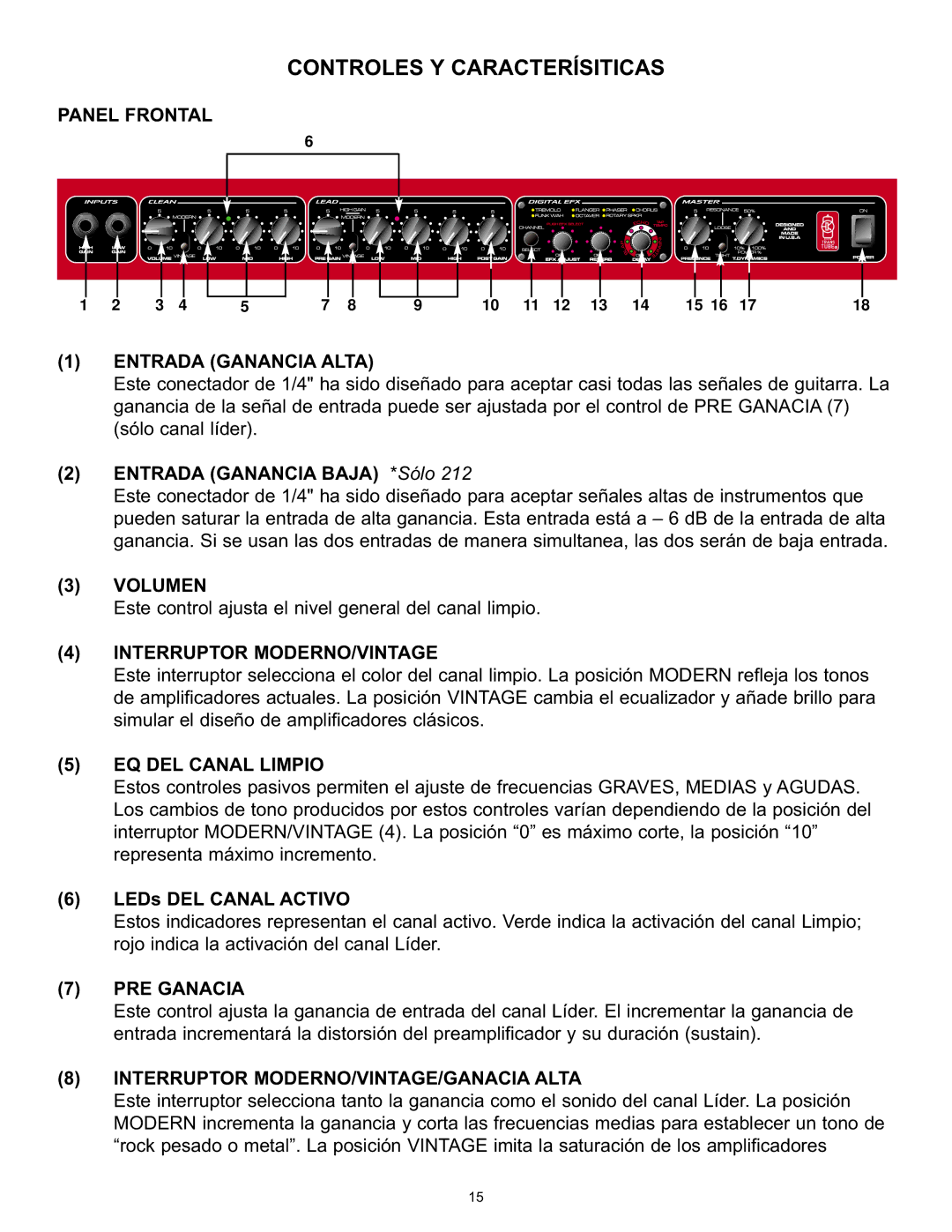 Peavey 112/212 EFX, 9/0180305014 operation manual Controles Y Caracterísiticas 