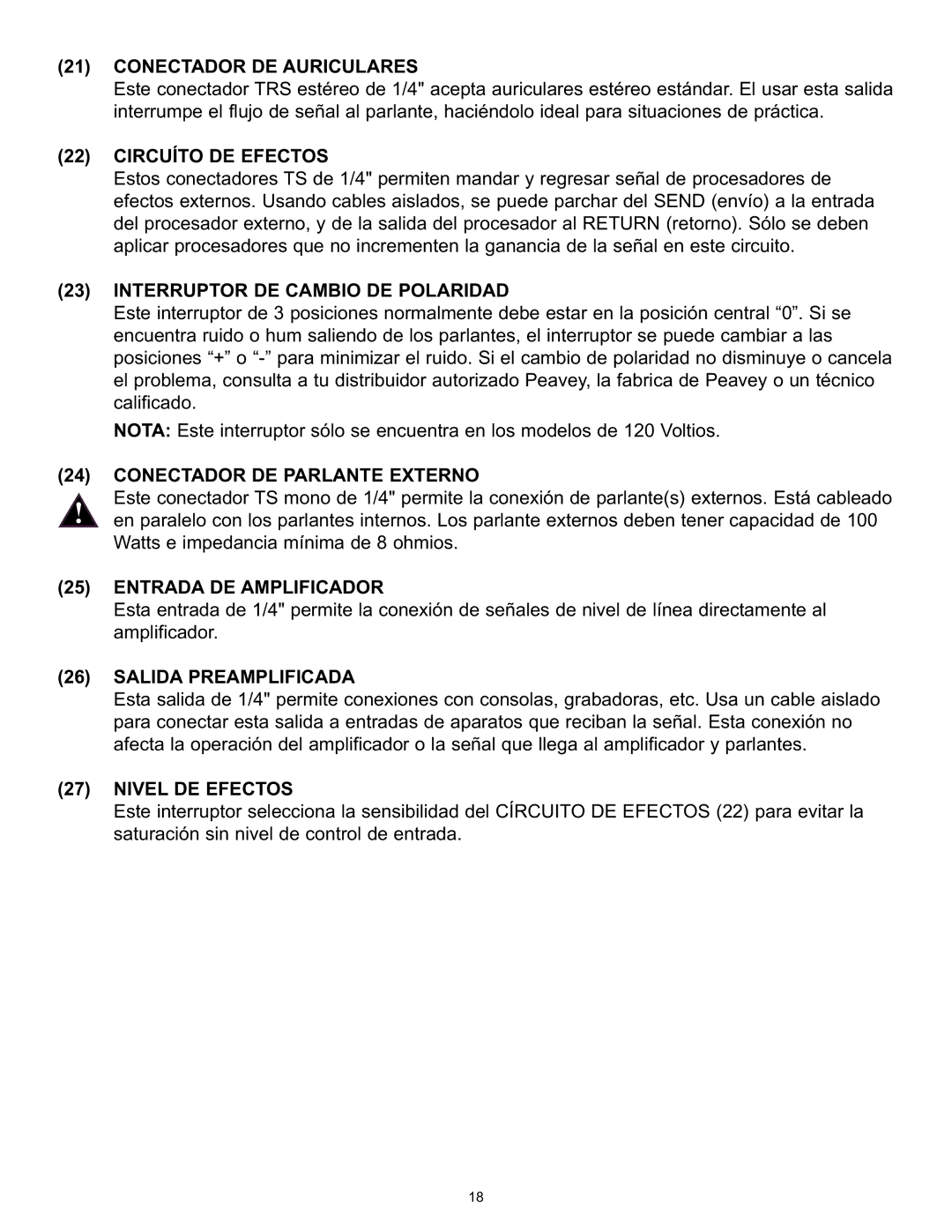 Peavey 9/0180305014 Conectador DE Auriculares, Circuíto DE Efectos, Interruptor DE Cambio DE Polaridad, Nivel DE Efectos 