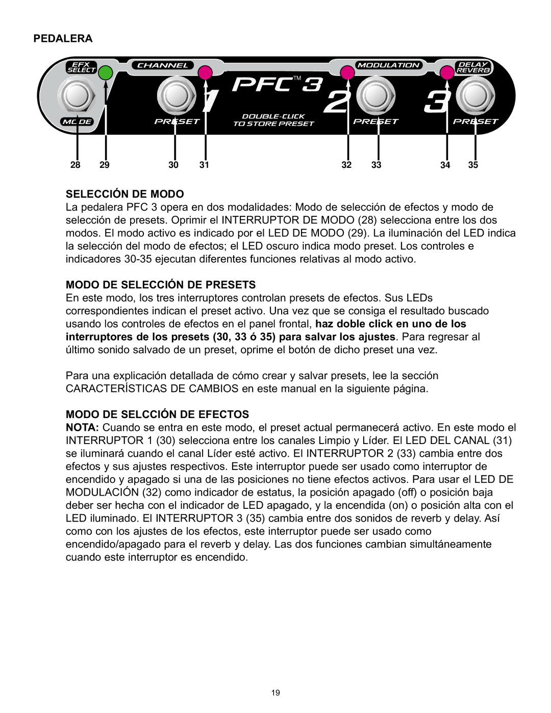 Peavey 112/212 EFX, 9/0180305014 Pedalera, Selección DE Modo, Modo DE Selección DE Presets, Modo DE Selcción DE Efectos 