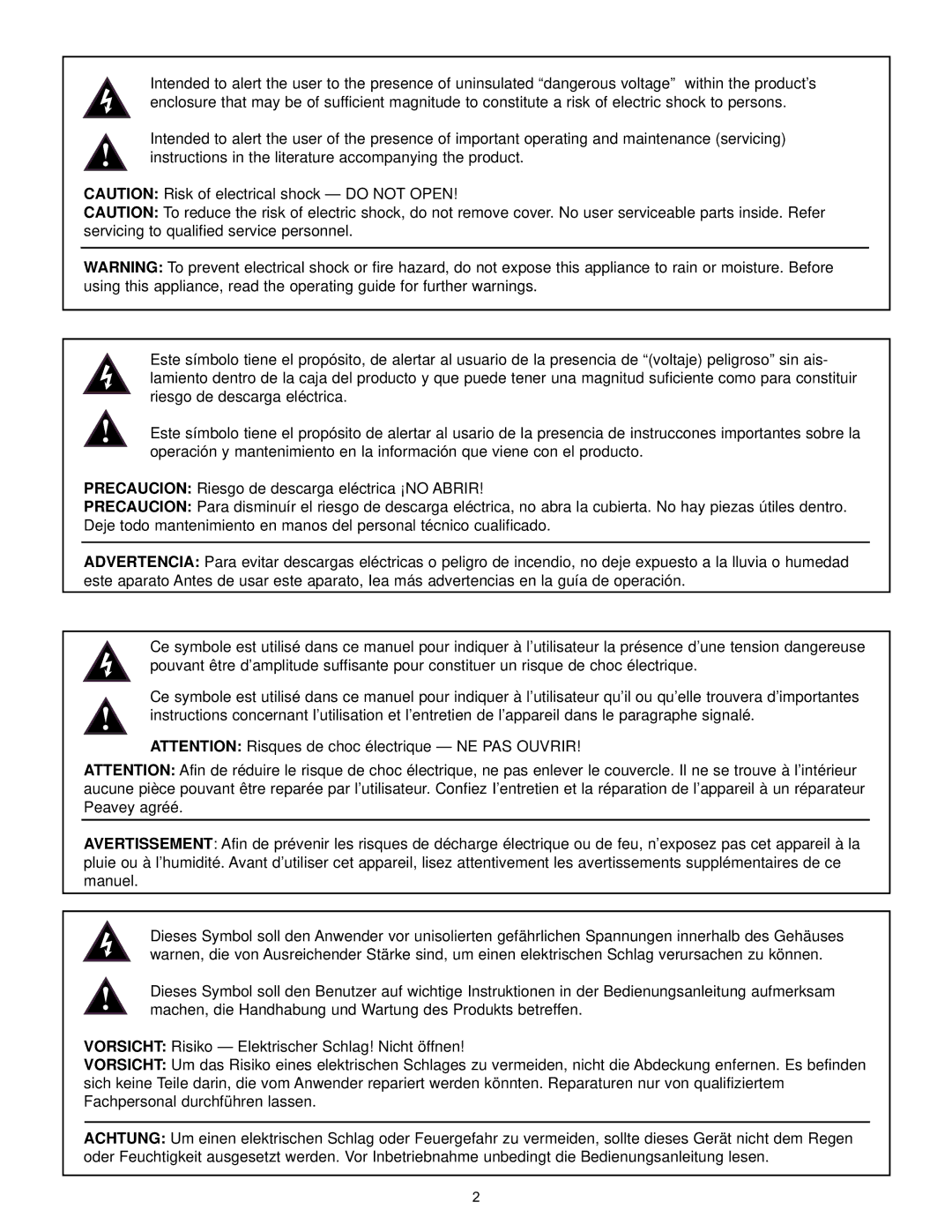 Peavey 9/0180305014, 112/212 EFX operation manual PRECAUCIONRiesgo de descarga eléctrica ¡NO Abrir 