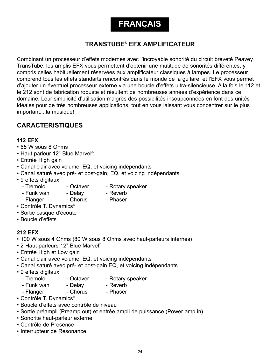 Peavey 9/0180305014, 112/212 EFX operation manual Transtube EFX Amplificateur, Caracteristiques 