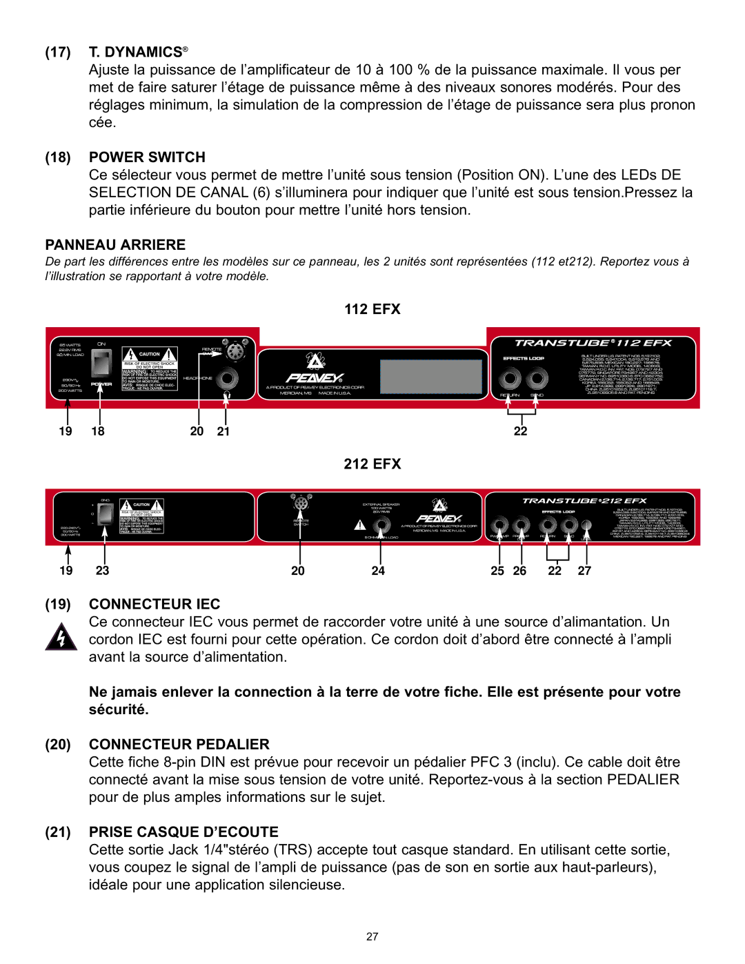 Peavey 112/212 EFX, 9/0180305014 Panneau Arriere, Connecteur IEC, Connecteur Pedalier, Prise Casque D’ECOUTE 