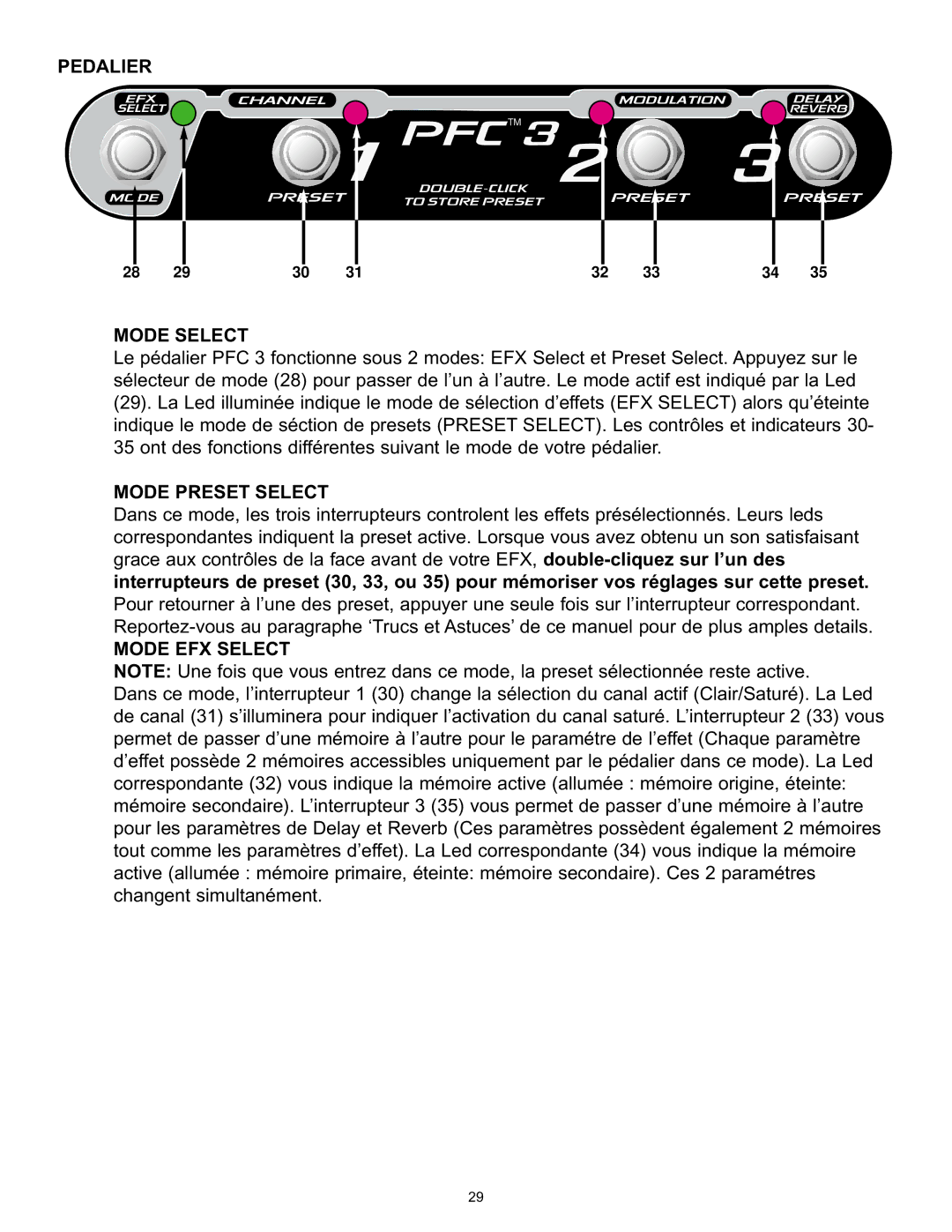 Peavey 112/212 EFX, 9/0180305014 operation manual Pedalier, Mode Preset Select, Mode EFX Select 