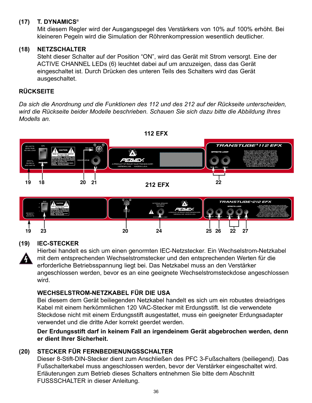 Peavey 9/0180305014, 112/212 EFX operation manual Netzschalter, Rückseite, Iec-Stecker, Wechselstrom-Netzkabel Für Die Usa 