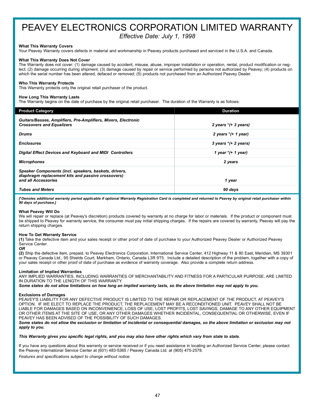 Peavey 112/212 EFX, 9/0180305014 operation manual Peavey Electronics Corporation Limited Warranty 