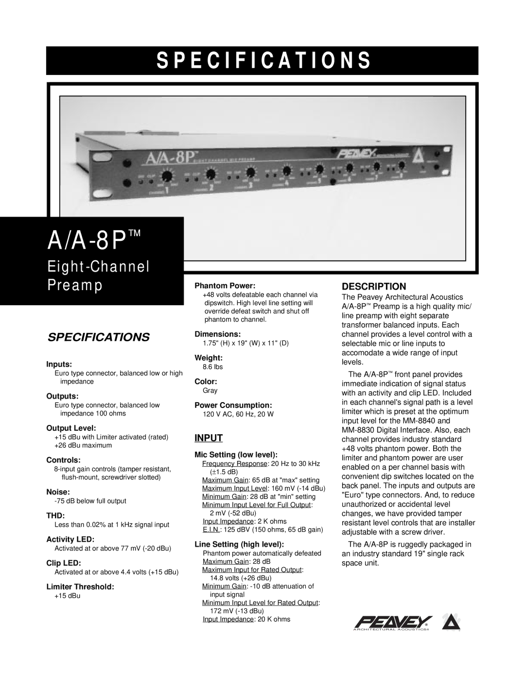 Peavey A/A-8P specifications Description, Input 