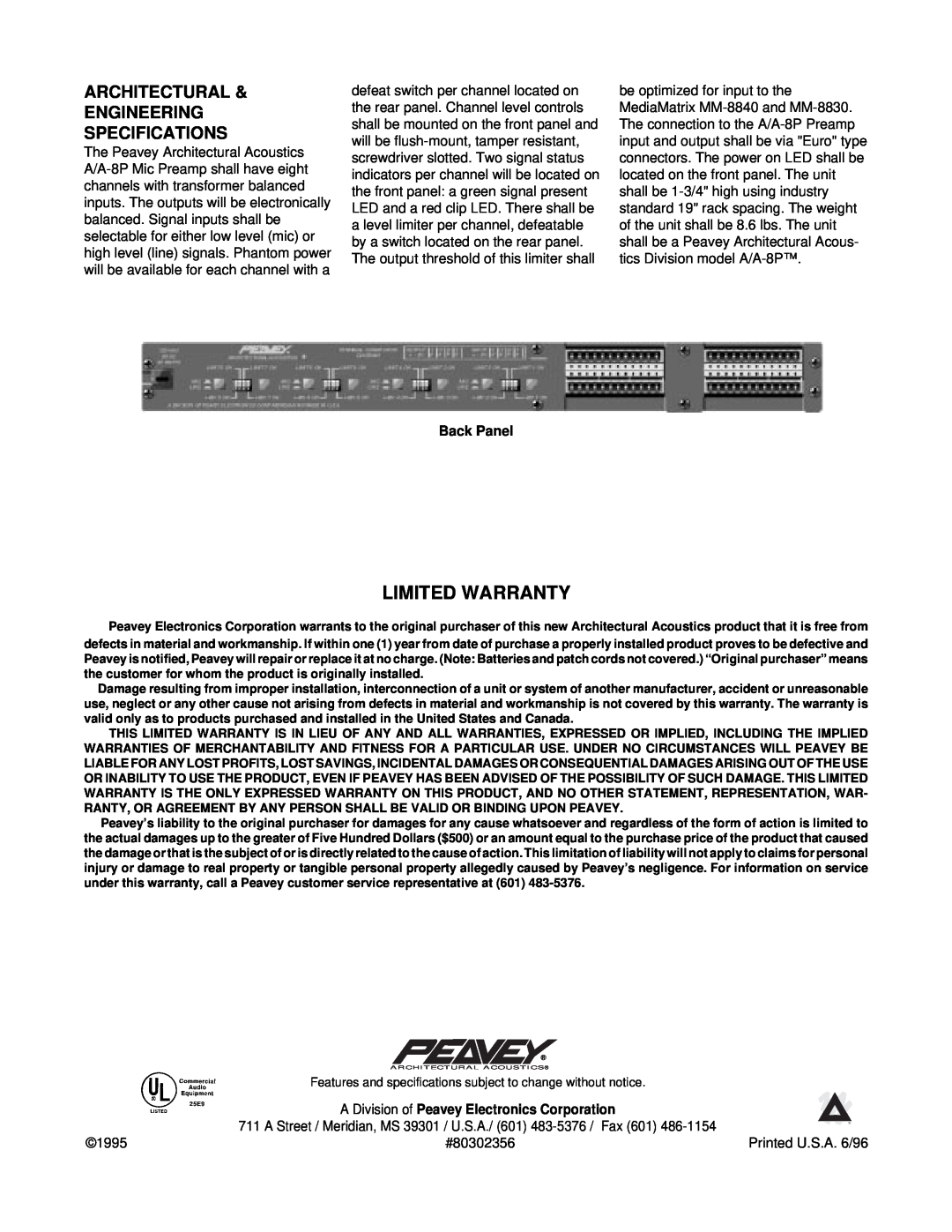 Peavey A/A-8P specifications Architectural & Engineering Specifications, Limited Warranty 