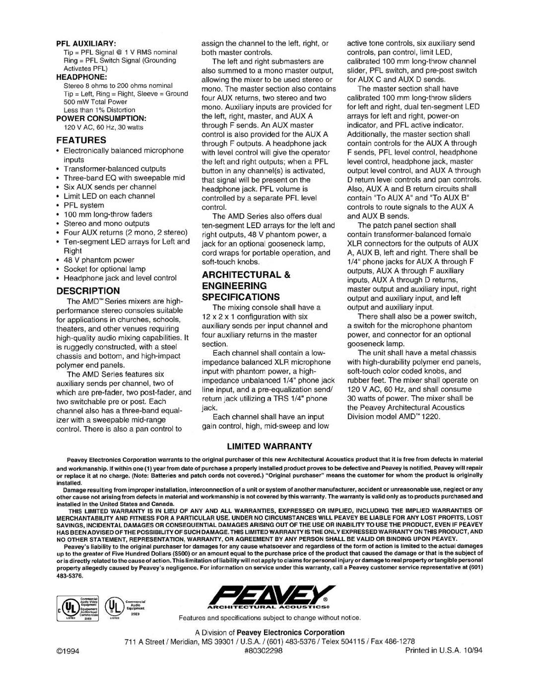 Peavey AMD 1220 manual 