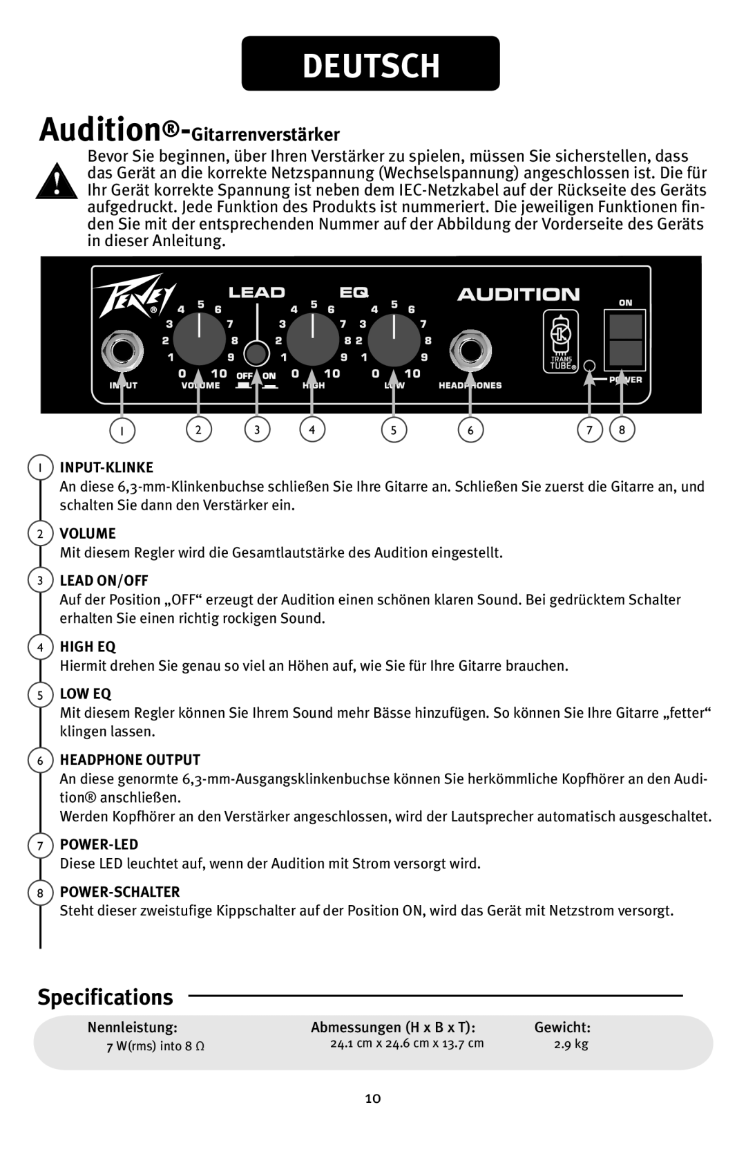 Peavey manual Deutsch, Audition-Gitarrenverstärker, Input-Klinke, Power-Led, Power-Schalter 