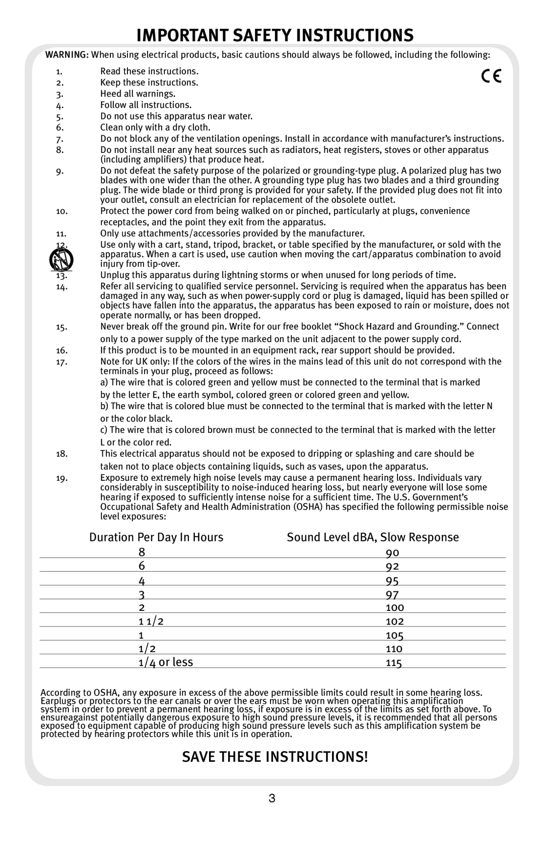 Peavey Audition manual Important Safety Instructions 