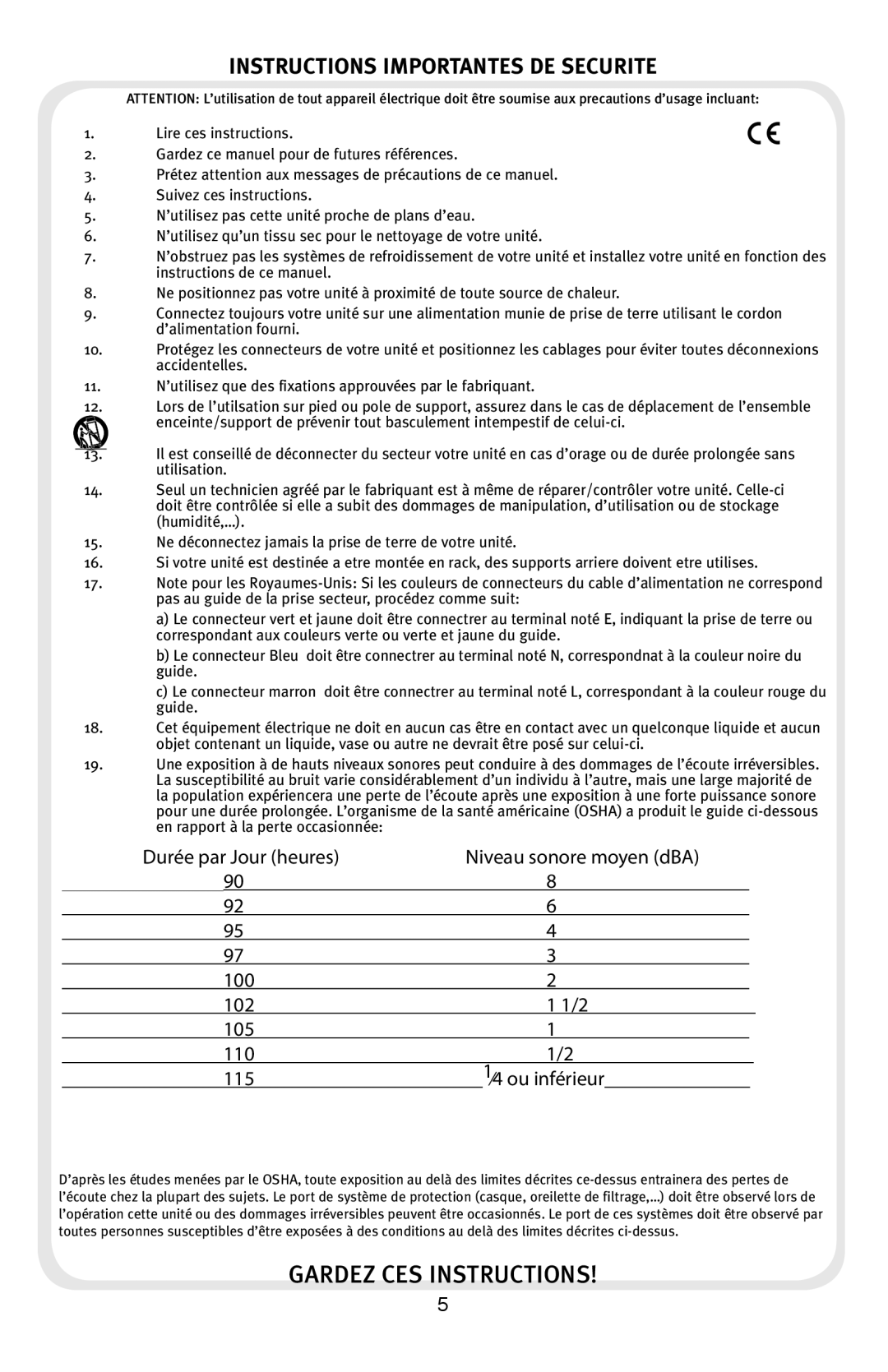 Peavey Audition manual Gardez CES Instructions, Instructions Importantes DE Securite 