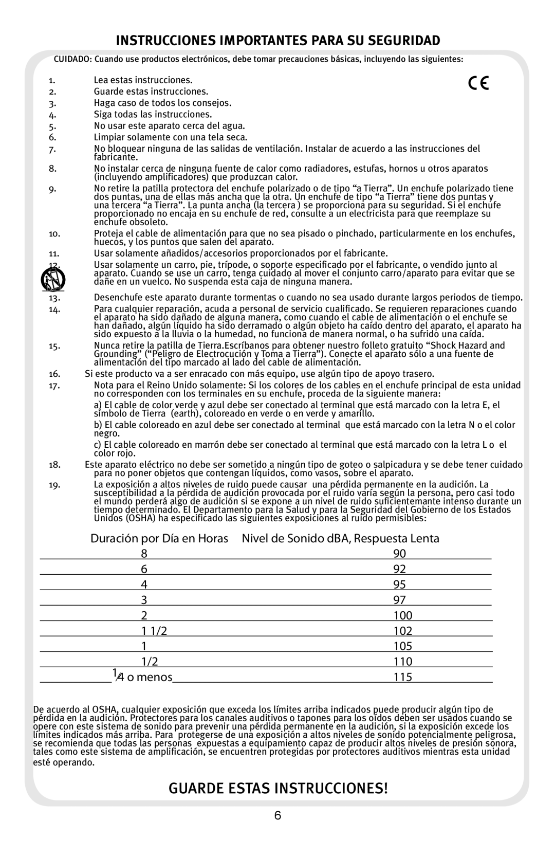 Peavey Audition manual Instrucciones Importantes Para SU Seguridad 